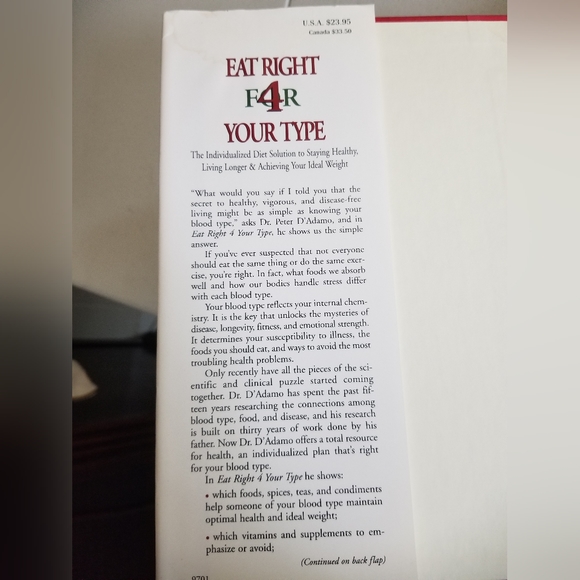 Eat Right For Your Type by Dr. Peter D'Adamo 1996 Hardcover & Dust Jacket, 1st E - Picture 3 of 7
